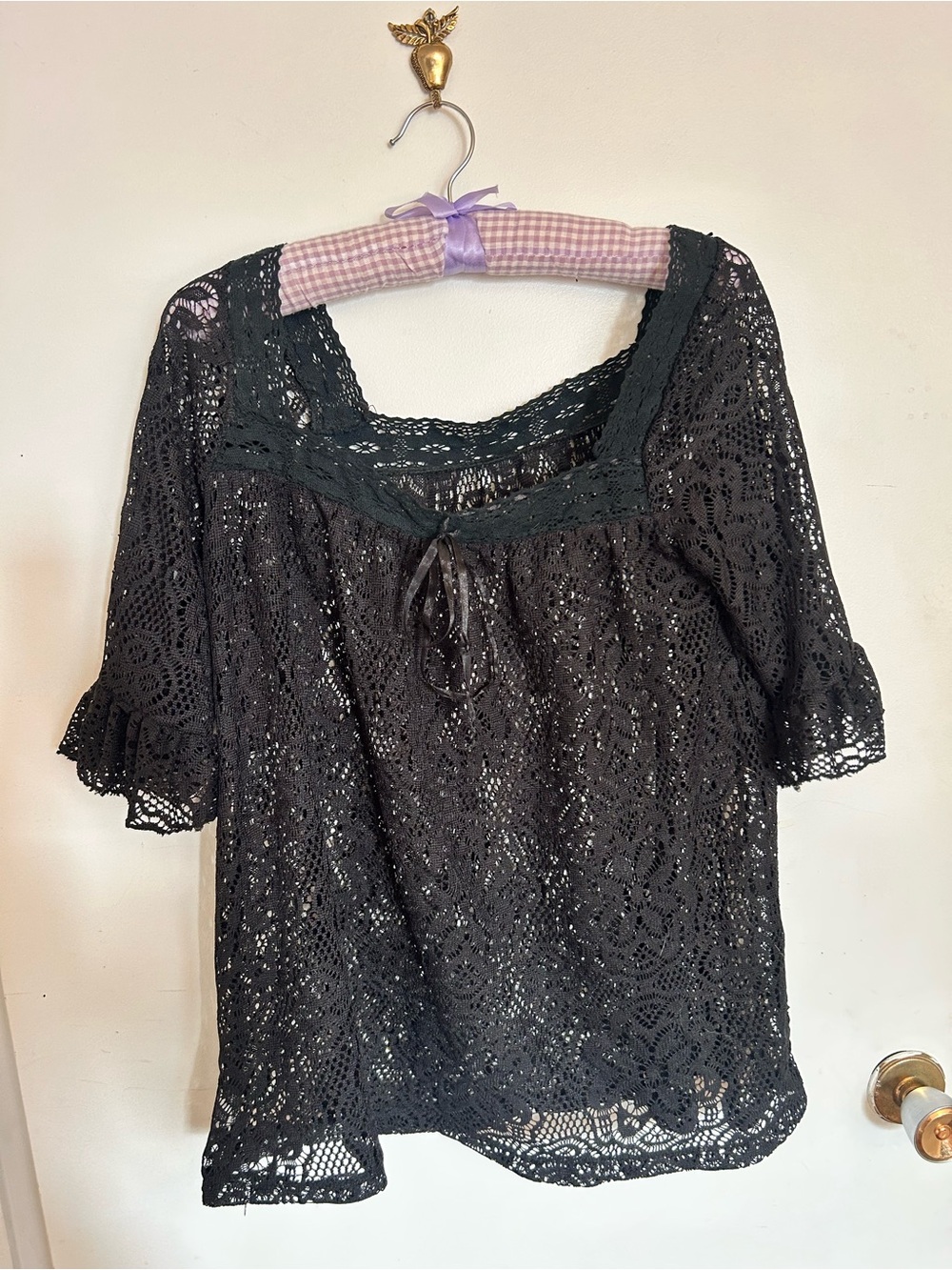 Women’s whimsical Black Crochet Lace Top with Square Neck size medium/large
